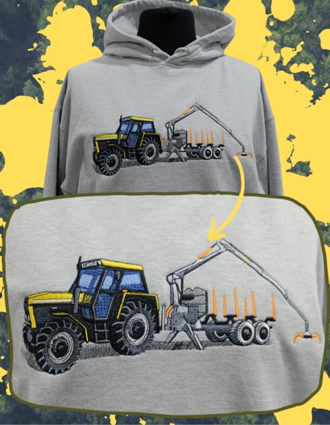 WYPRZEDAŻ - Bluza z haftowanym wzorem ciągnika i przyczepy zrywkowej